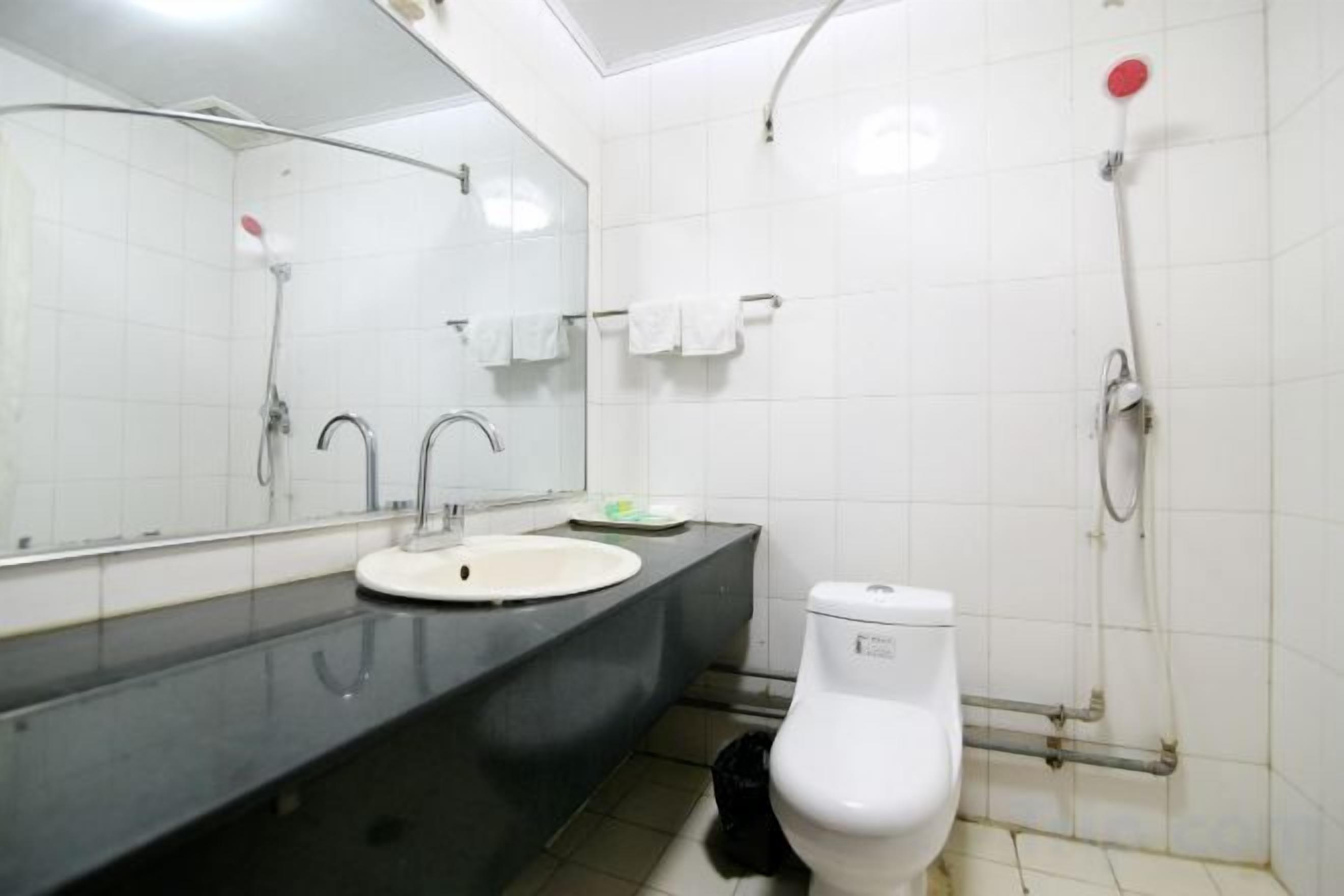 A bathroom with a sink, mirror, toilet, and shower.