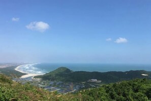 Een kustlandschap met een strand, groene heuvels en een heldere lucht.