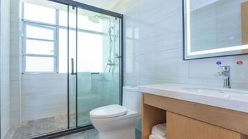 A modern bathroom with a glass shower enclosure, a toilet, and a vanity with a mirror.