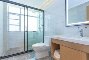 A modern bathroom with a glass shower enclosure, a toilet, and a vanity with a mirror.