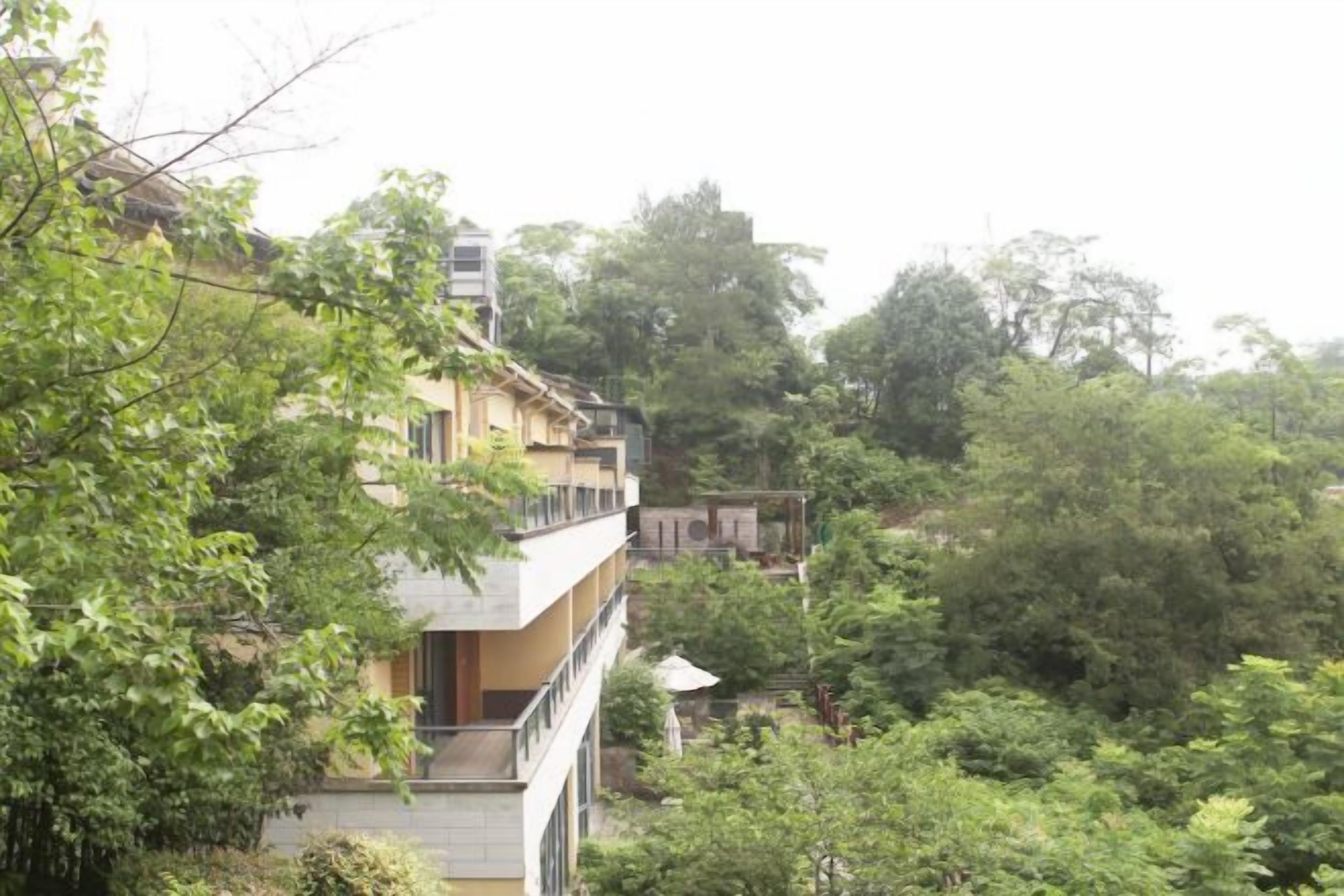A multi-story building with balconies, surrounded by dense greenery.