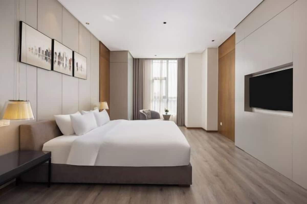 Habitación de hotel moderna con una cama grande, un televisor montado en la pared y una ventana con cortinas.