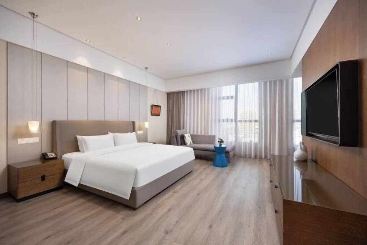 Una habitación de hotel moderna con una cama grande, un televisor de pantalla plana, un sofá y una mesita auxiliar.