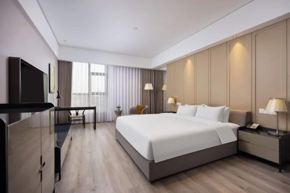 Una habitación de hotel moderna con una cama grande, un escritorio, una silla y un televisor.