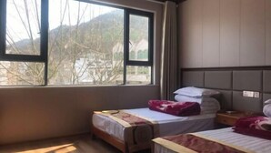 Habitación de hotel con dos camas individuales, un ventanal con vistas a árboles y montañas, y suelo de madera.