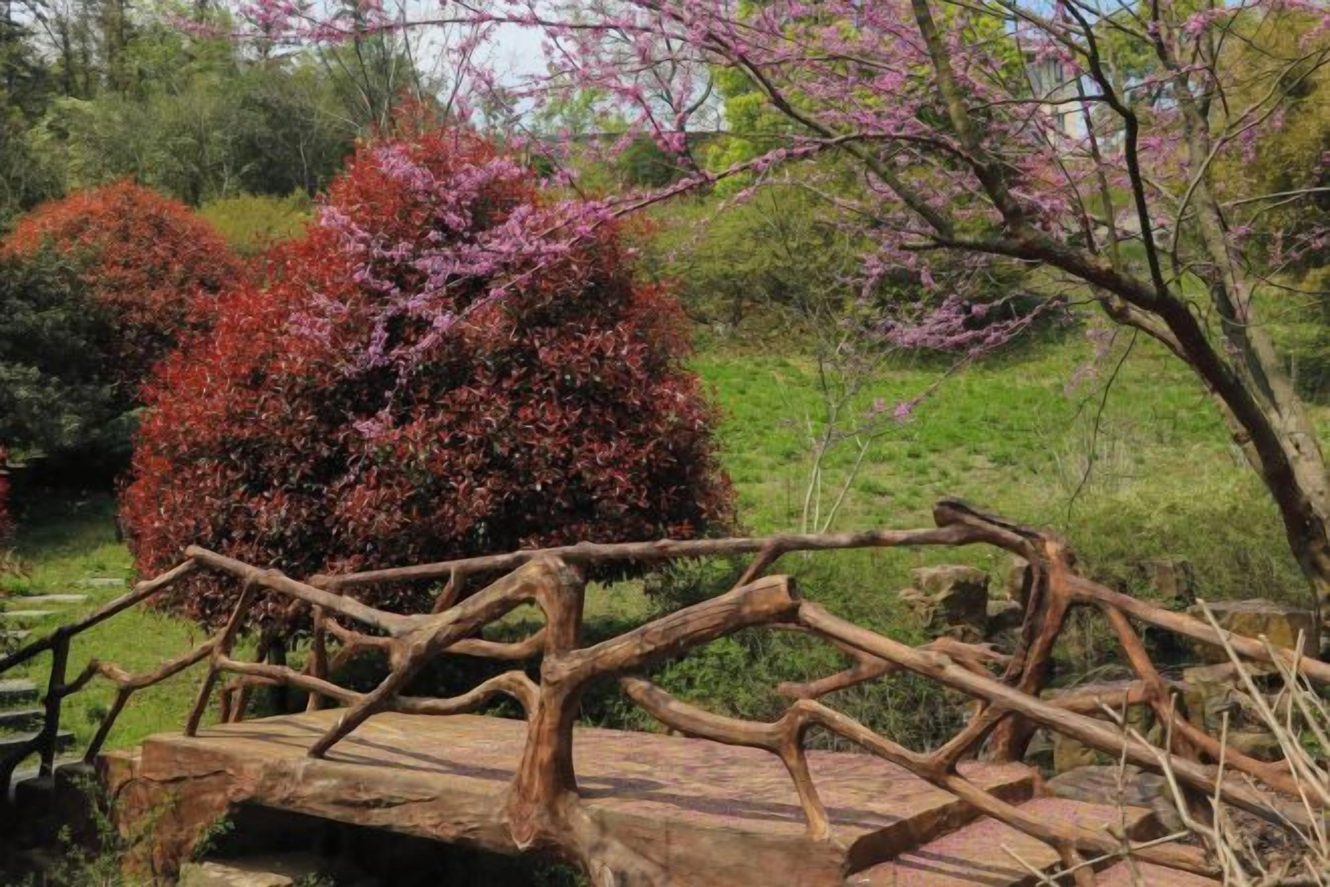 A rustic wooden bridge over a stream, surrounded by lush greenery and flowering trees.