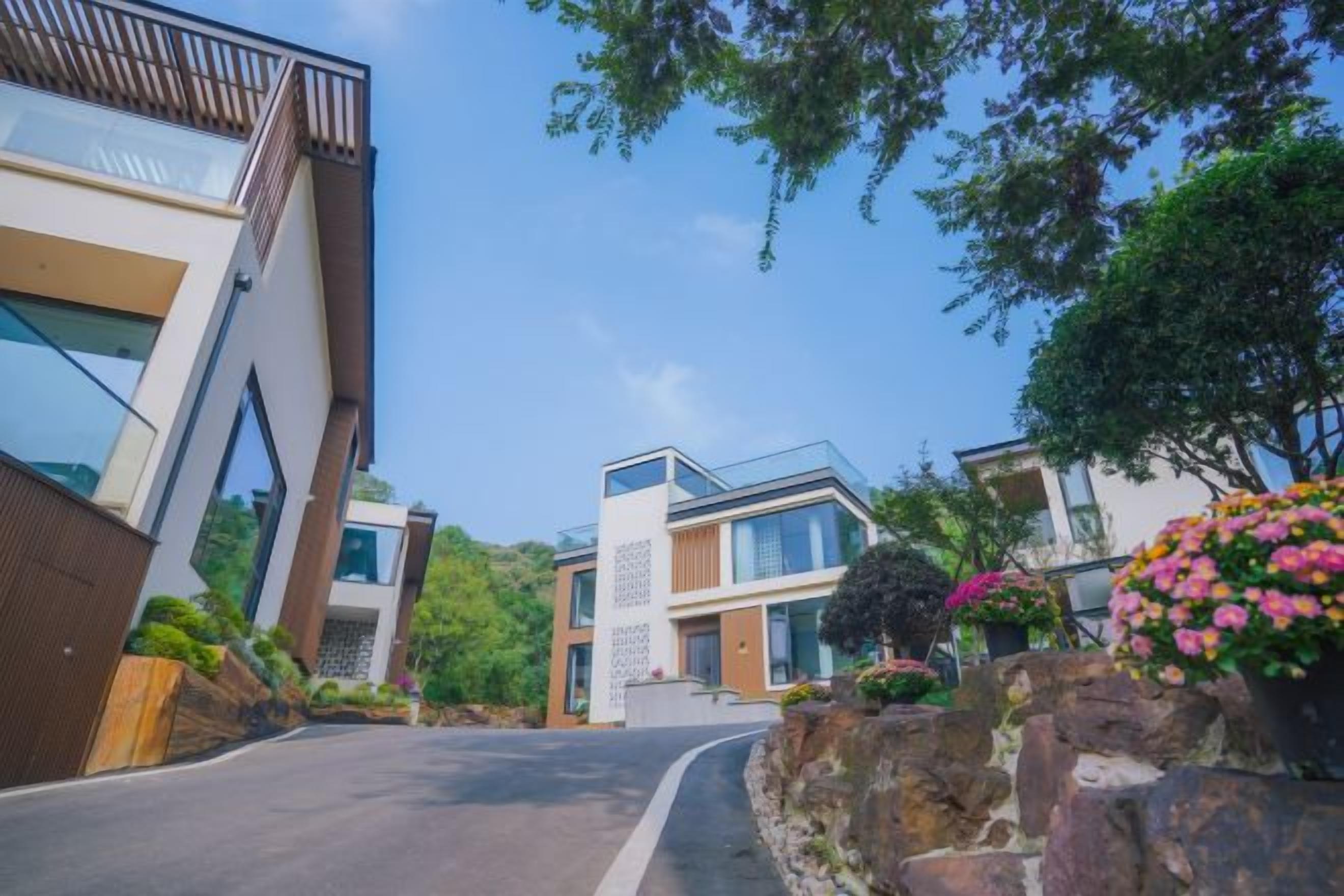 Una calle residencial moderna con casas contemporáneas, cielo despejado y una carretera sinuosa.