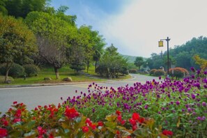 Eine Straße schlängelt sich durch eine angelegte Grünfläche mit Bäumen und Blumen.