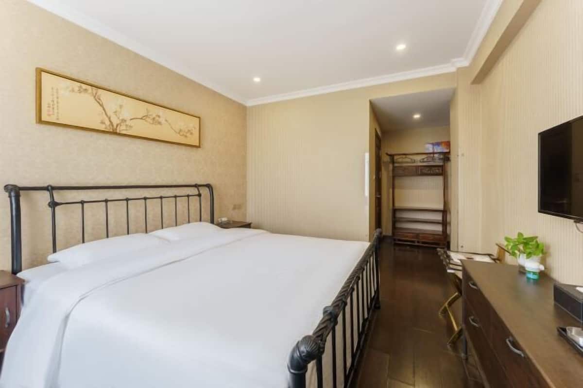 Habitación de hotel con cama, televisión, escritorio y armario.