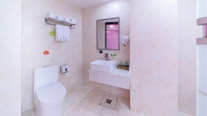 Een badkamer met toilet, wastafel, spiegel en handdoekhouder.