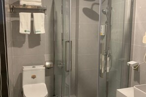 A modern bathroom with a glass-enclosed shower, a toilet, and a sink.