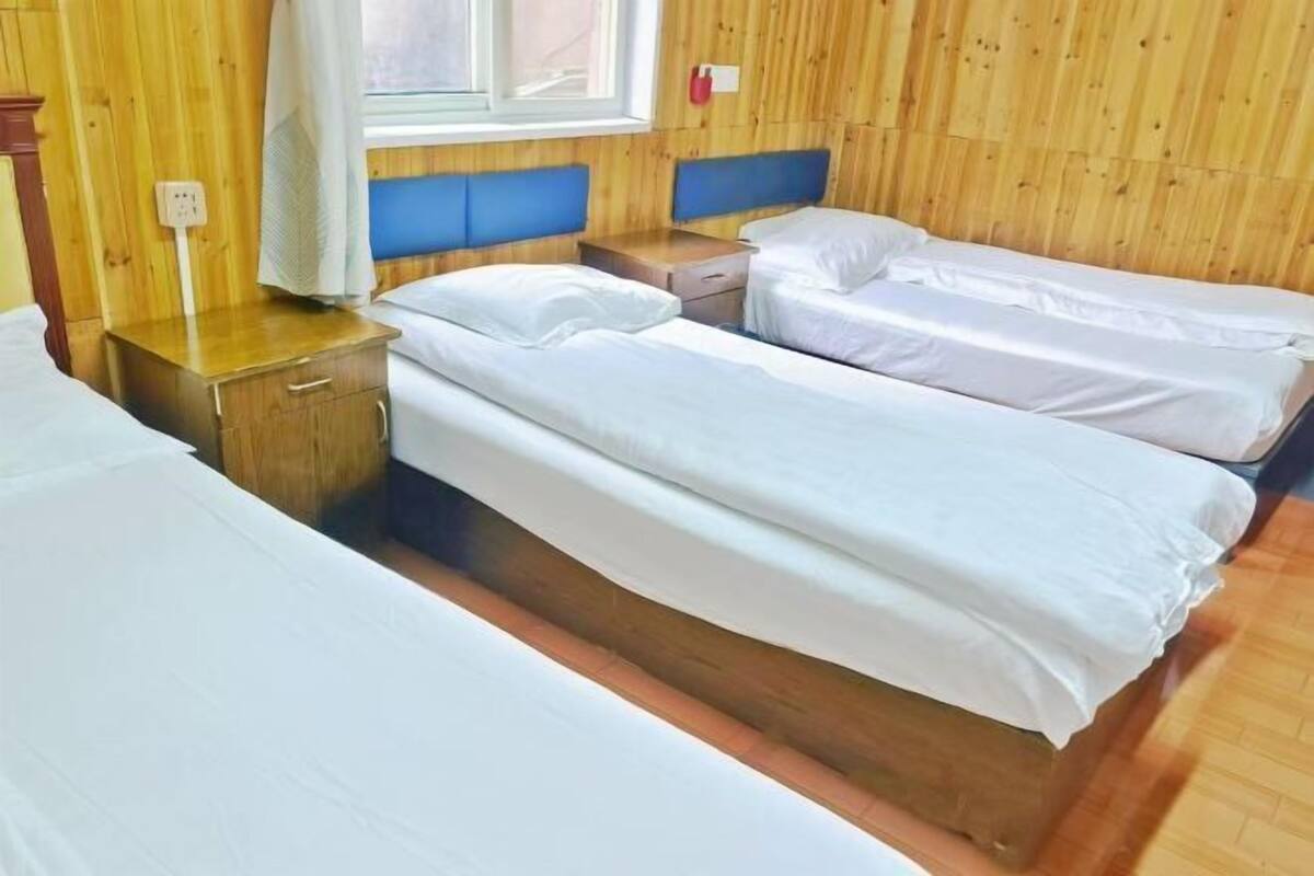 A room with two beds, wooden walls, a window, and a nightstand with a lamp.