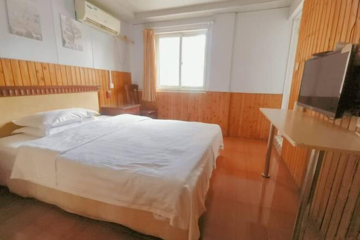 A room with a bed, a television, a window, and a wooden wall.