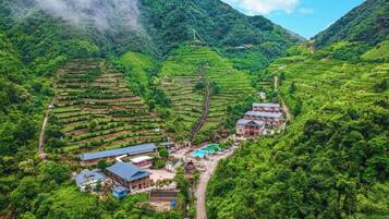 Terraced tea plantations with buildings at the base, surrounded by lush greenery and mountains.