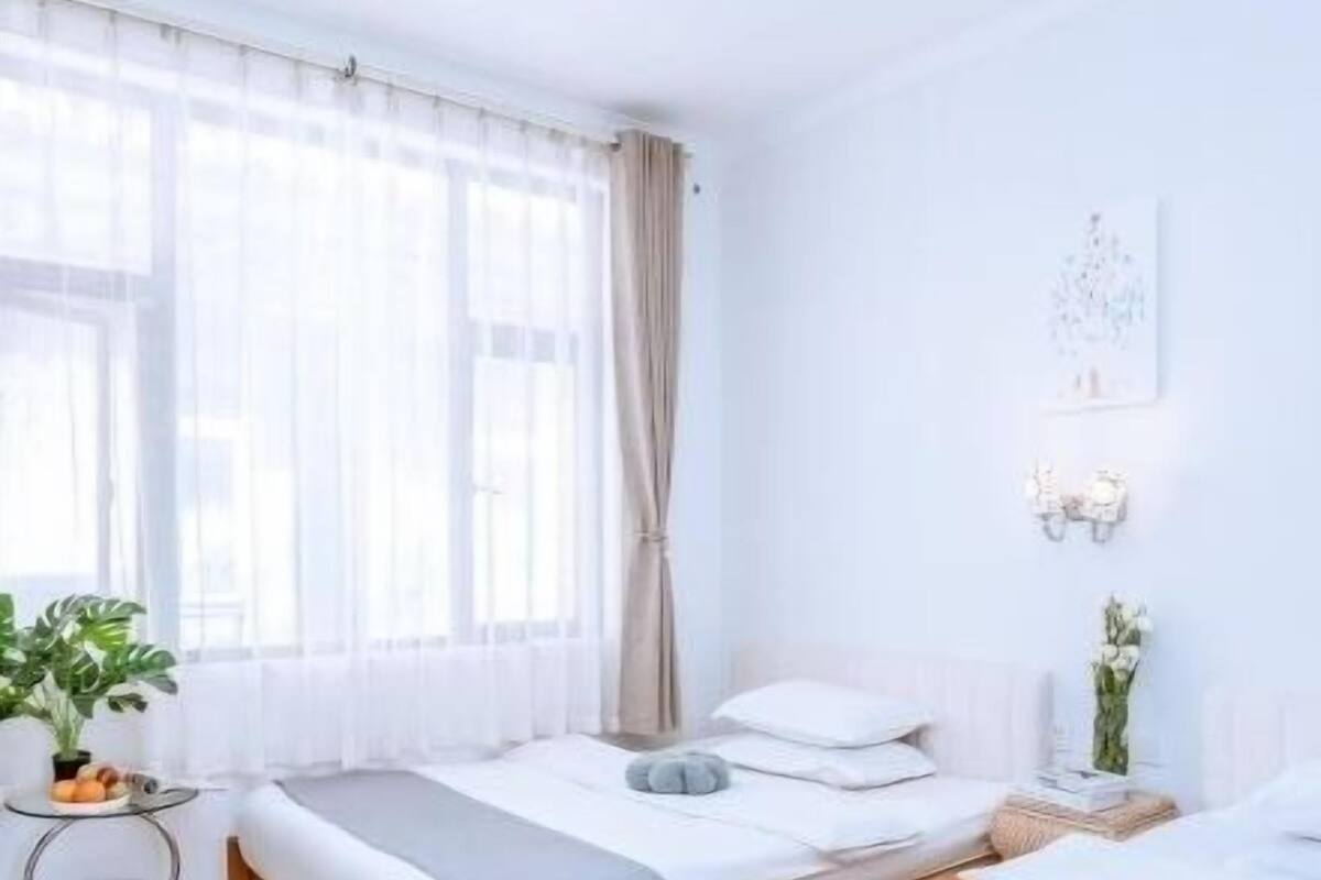 A hotel room with two beds, a small table with a plant, a bedside table with a vase, and a ceiling light fixture.
