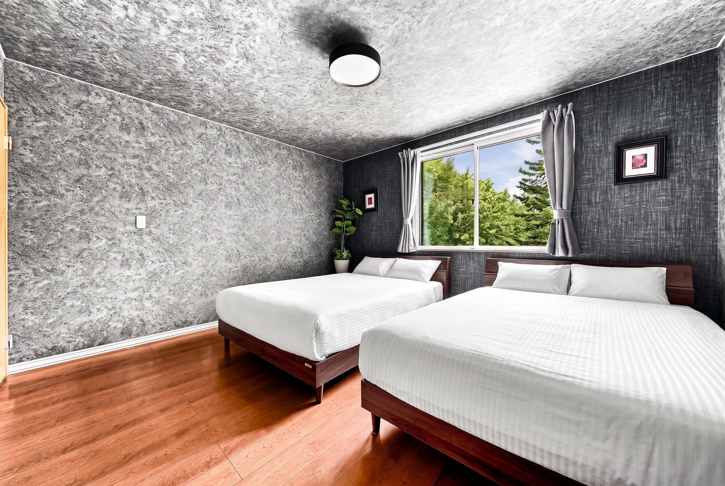 A bedroom with two beds, a large window with curtains, a potted plant, and a textured wall.