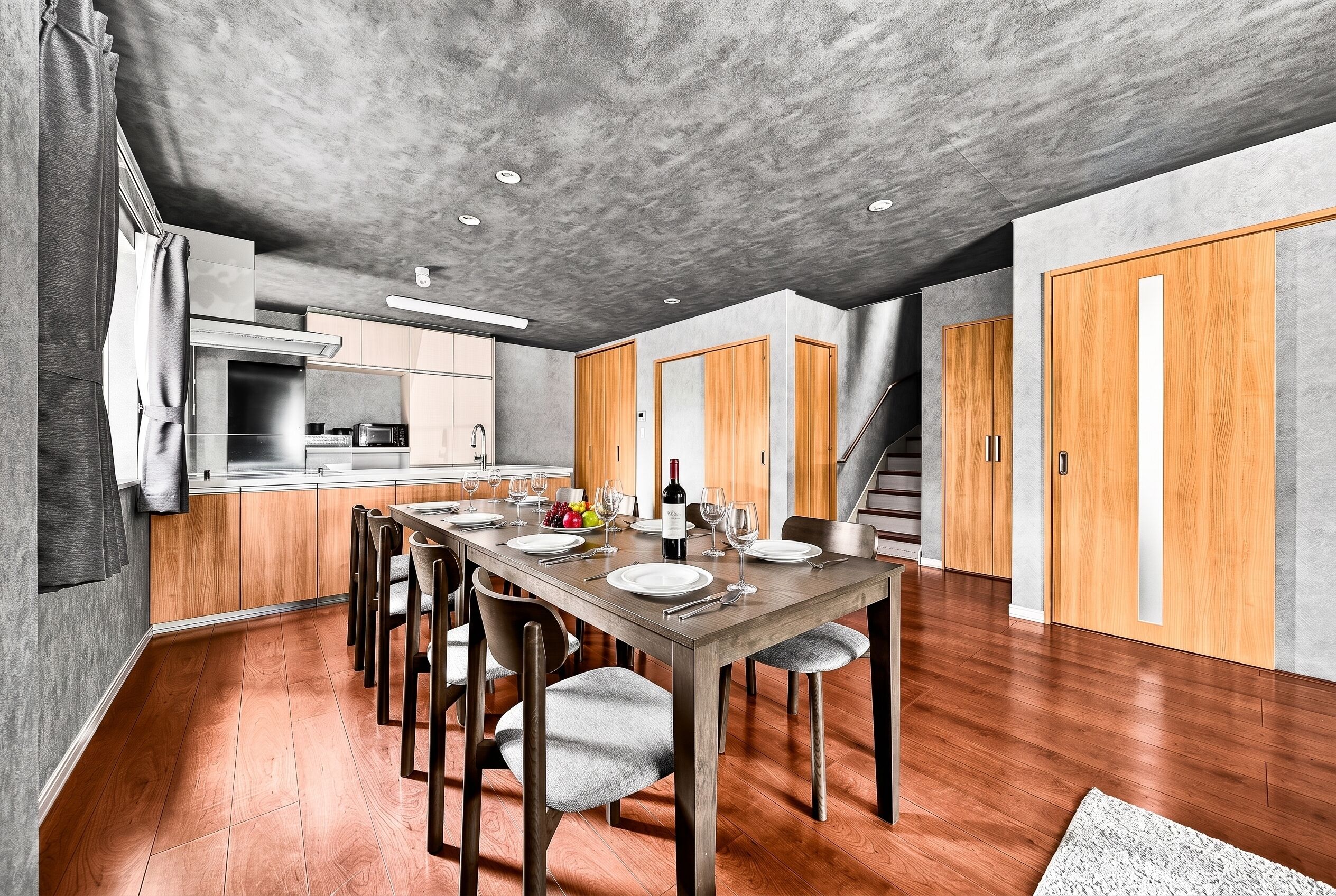 A modern kitchen with a dining area, wooden cabinets, and a staircase leading to another level.