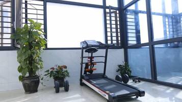 Una habitación con una cinta de correr, plantas en macetas y ventanas amplias.