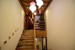 Una escalera de madera con barandilla, plantas en macetas e iluminación colgante.