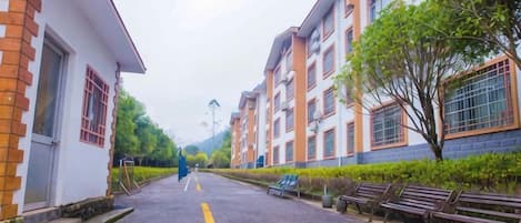 Una calle residencial con un camino despejado, bancos y un edificio de fachada de ladrillo.