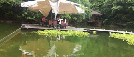 A riverside dining area with a canopy, tables, and chairs.