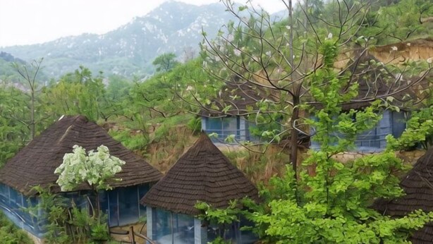 Traditional-style buildings with thatched roofs, surrounded by lush greenery and hills in the background. - Monkey Mountain Villa Hotel (Mengyin)