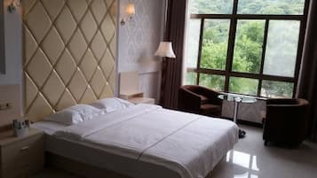 Habitación de hotel con una cama grande, una mesita de noche, una silla, una mesa y una ventana con vistas a zonas verdes.