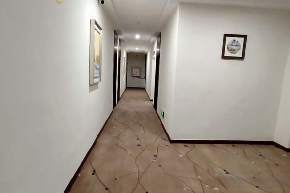 A hallway with a patterned carpet, framed pictures on the walls, and a door at the end.