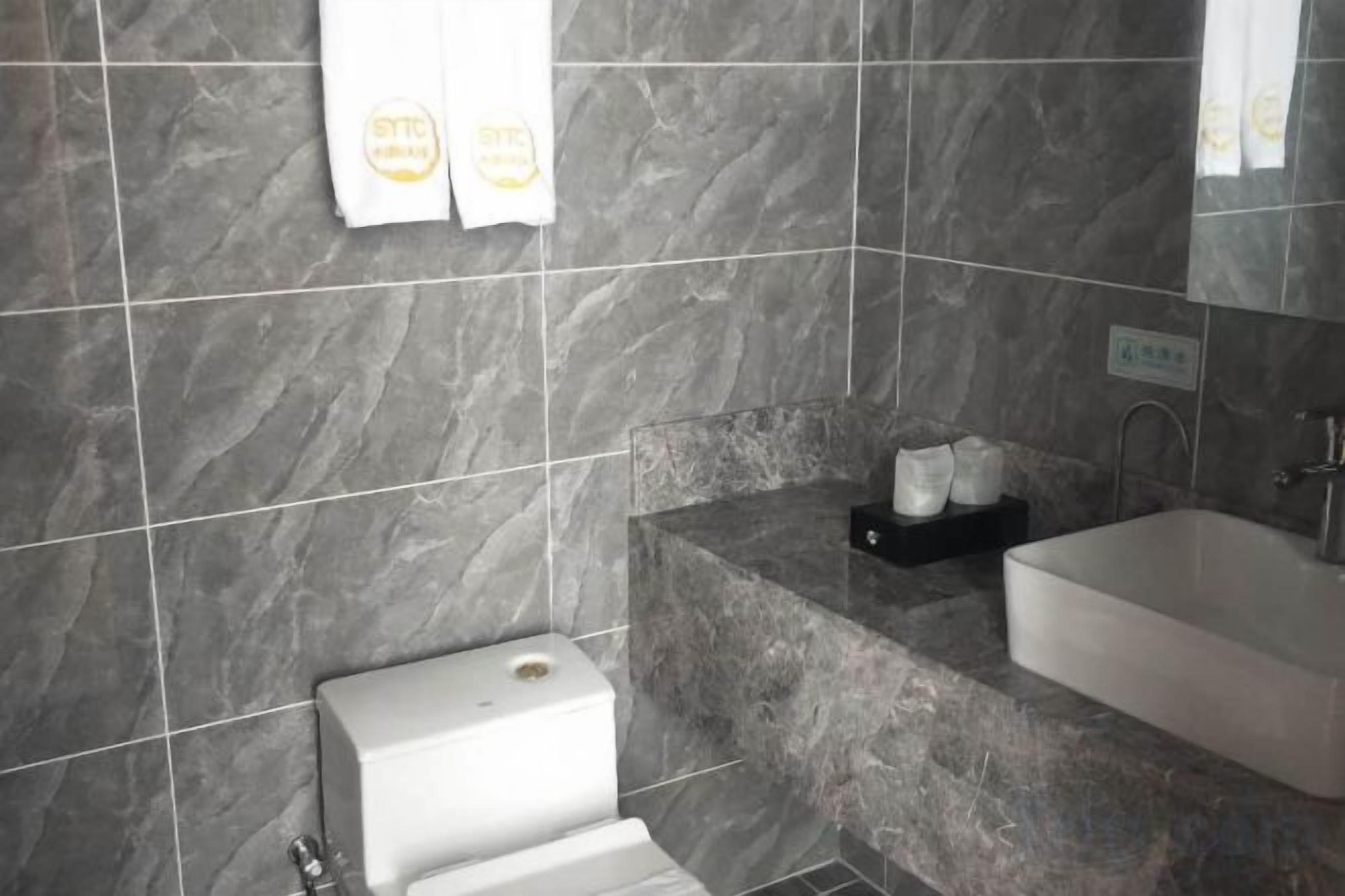 A bathroom with a toilet, sink, and a mirror.