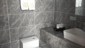 A bathroom with a toilet, sink, and a mirror.