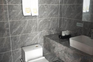 Un baño con inodoro, lavamanos y espejo.