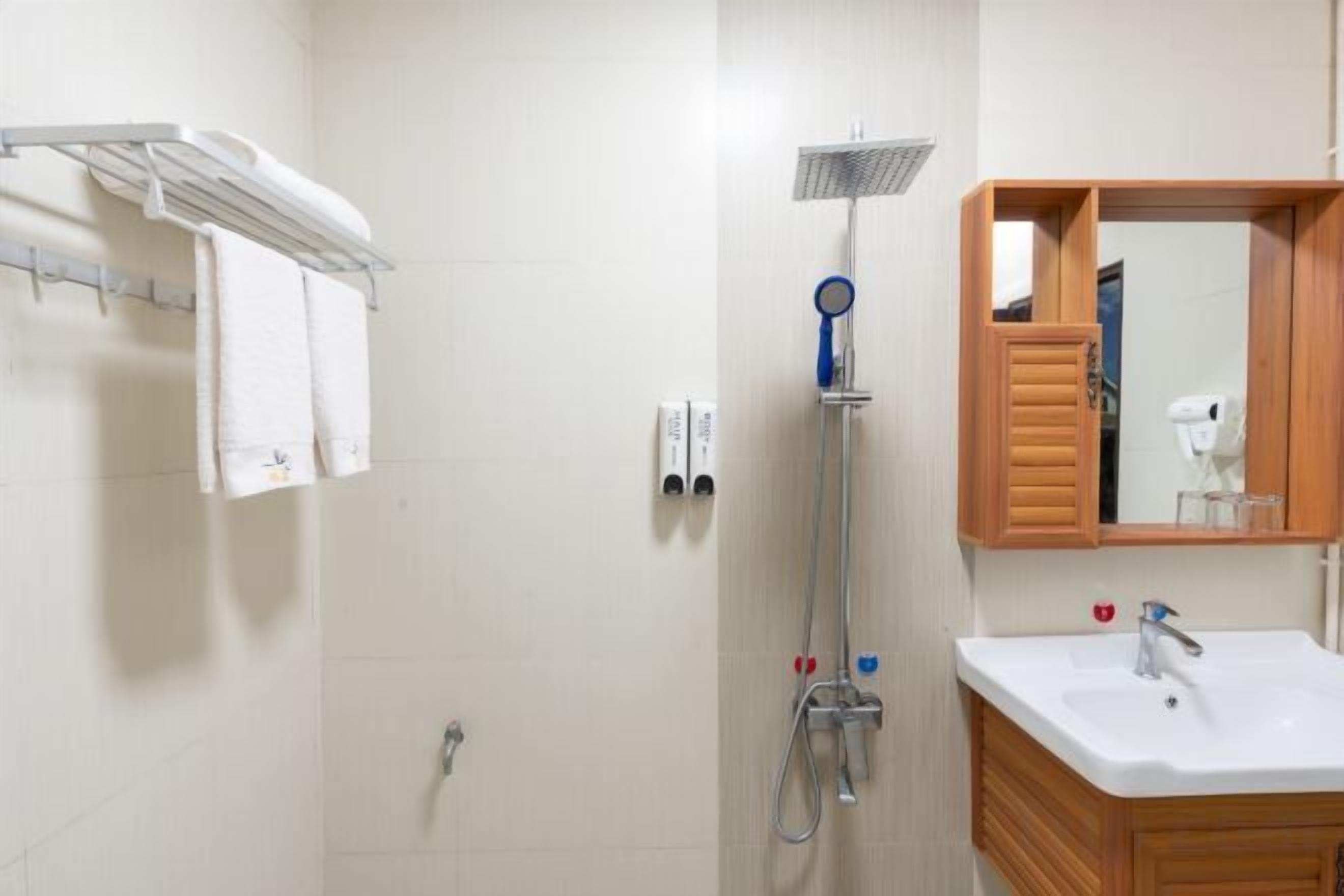 A bathroom with a shower, a sink, a mirror, and a towel rack.