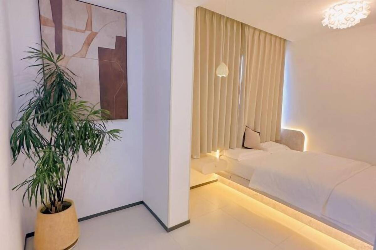 A modern hotel room with a bed, bedside table, lamp, and a potted plant.