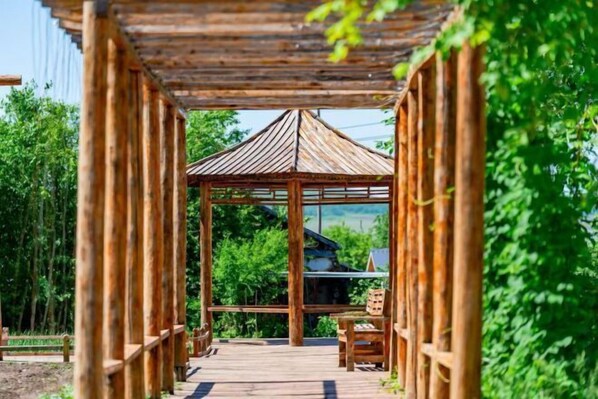 A wooden gazebo with a glass roof, surrounded by greenery.