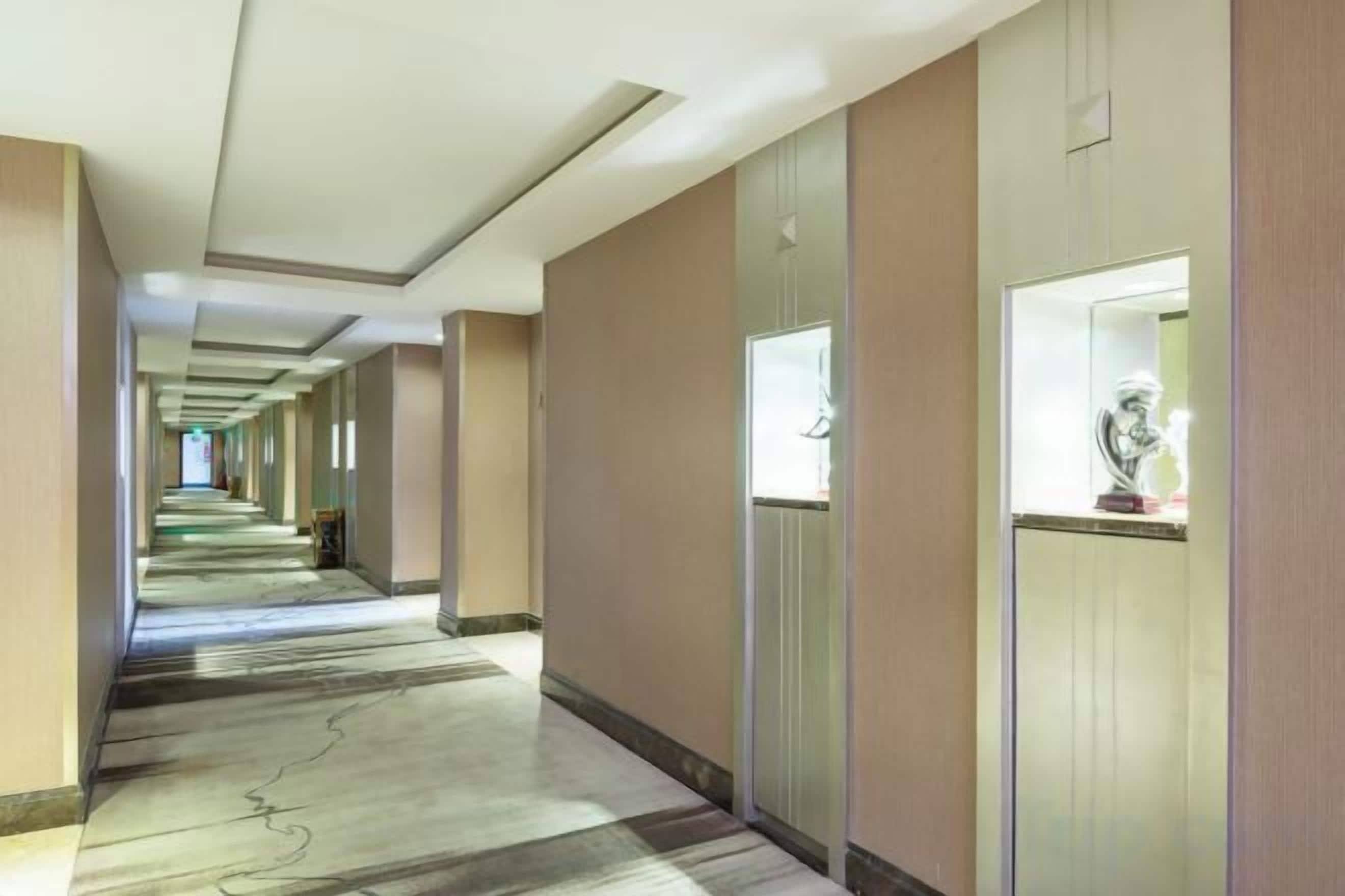 A long, narrow hotel corridor with doors on one side and a carpeted floor.