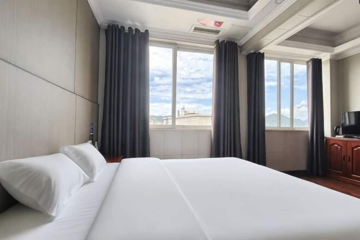 Une chambre d’hôtel avec un grand lit, une télévision, une fenêtre avec des rideaux et une vue sur le paysage urbain.