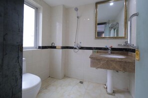 Une salle de bain équipée de toilettes, d’un lavabo, d’une douche et d’un miroir.