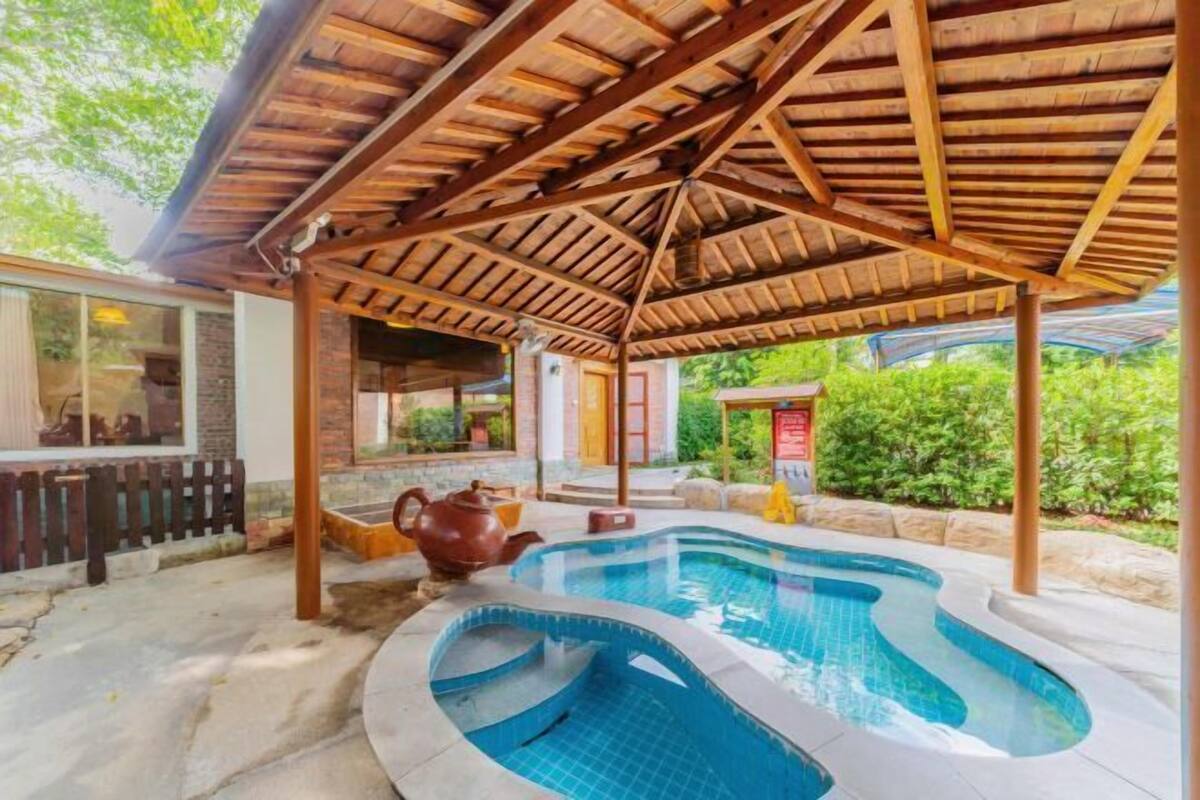 A covered outdoor swimming pool with a wooden roof, surrounded by a stone patio and greenery.