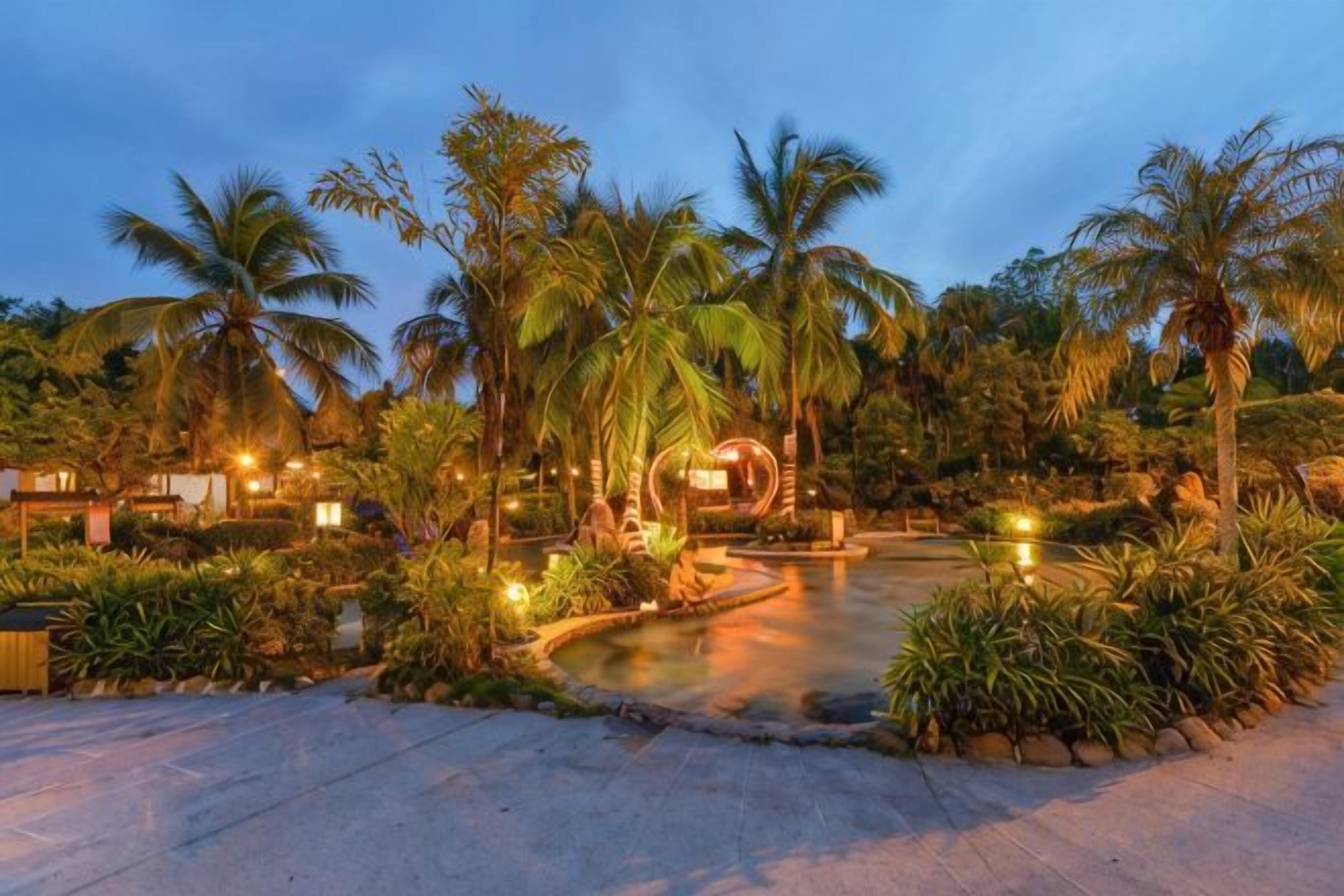 A resort with palm trees, a water feature, and well-lit pathways.