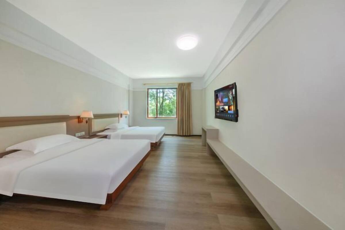 A hotel room with two beds, a large window with a view of trees, and a wall-mounted TV.