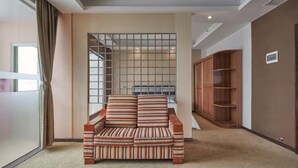 Une pièce avec un canapé à rayures, une grande fenêtre avec des rideaux, une bibliothèque et une porte.