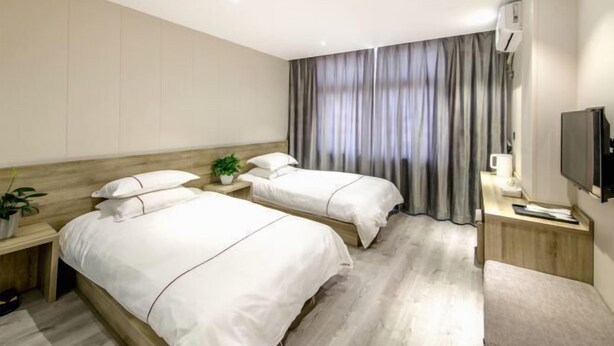 Ein Hotelzimmer mit zwei Betten, einem Fernseher, einem Schreibtisch und einer Pflanze.