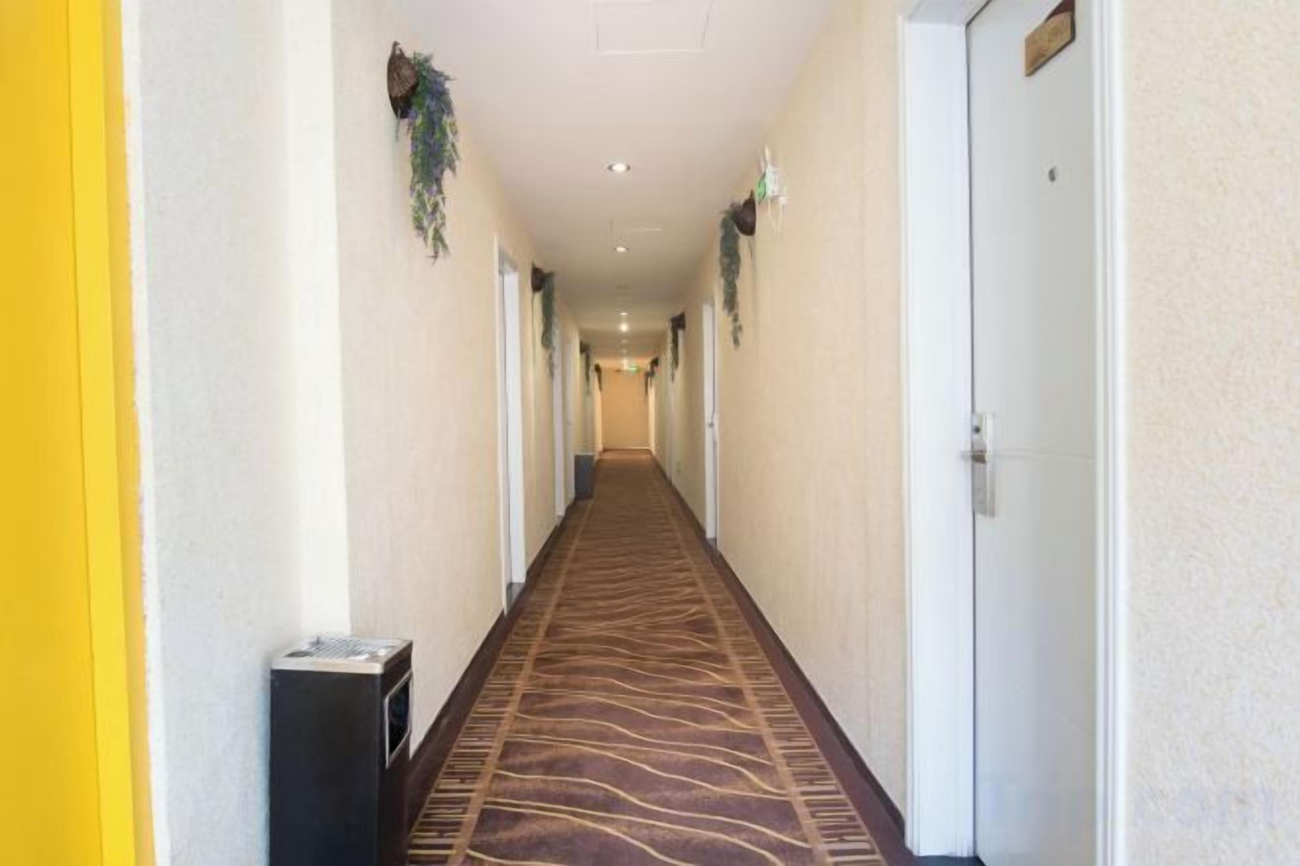 Corredor de hotel com piso revestido de carpete, portas em ambos os lados e uma lixeira à esquerda.