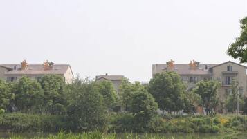 A residential area with buildings, trees, and a body of water.