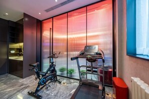 A modern gym with a stationary bike, treadmill, and a wall-mounted exercise machine. - Super 8 Collection Hotel Beijing Guomao Baiziwan Subway Station (Beijing)