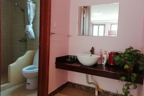 Une salle de bain comprenant des toilettes, un lavabo, un miroir et une douche.