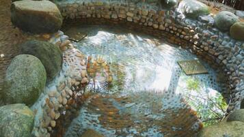 A circular stone water feature surrounded by rocks.