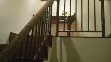 A staircase with a handrail and a metal gate.