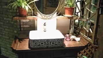A bathroom vanity with a sink, a mirror, and a potted plant on the countertop.