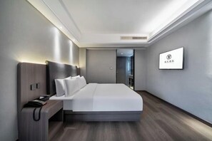 Una habitación de hotel moderna con una cama grande, una mesita de noche y un televisor de pantalla plana montado en la pared.